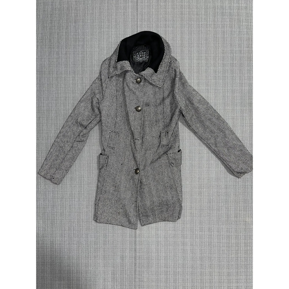 Last Kiss Coat Womens Large Black White Herringbone Lined Button Front Winter